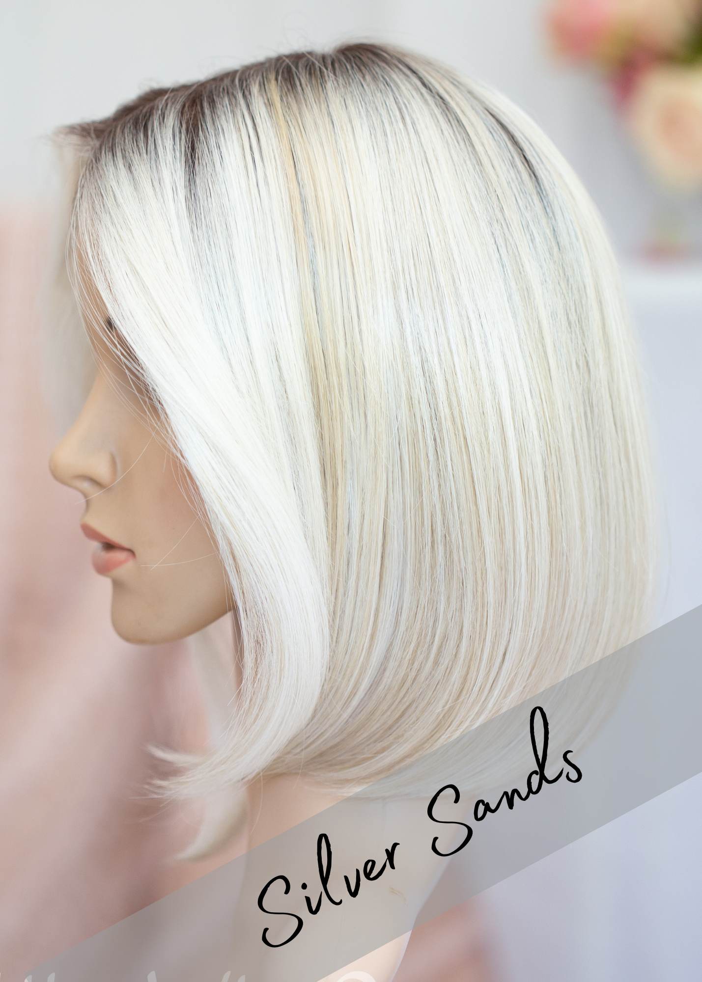 SILVER SANDS Clean White Blonde with Ash Brown Root, Front Hylights and Subtle Ash Hylights
